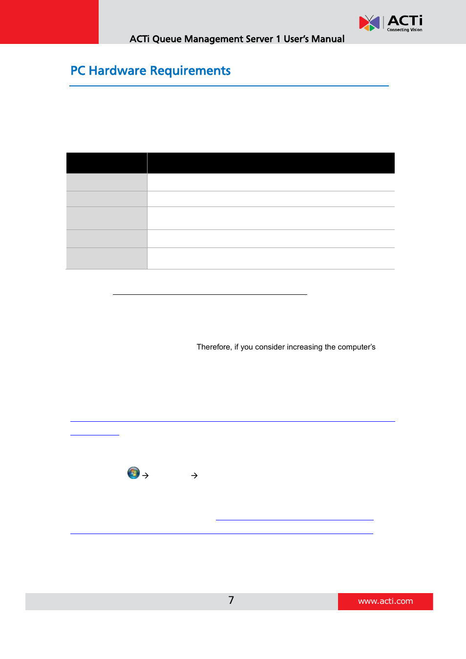 Pc hardware requirements, Acti queue management server 1 user’s manual | ACTi Queue Management Server 1 User Manual | Page 7 / 46