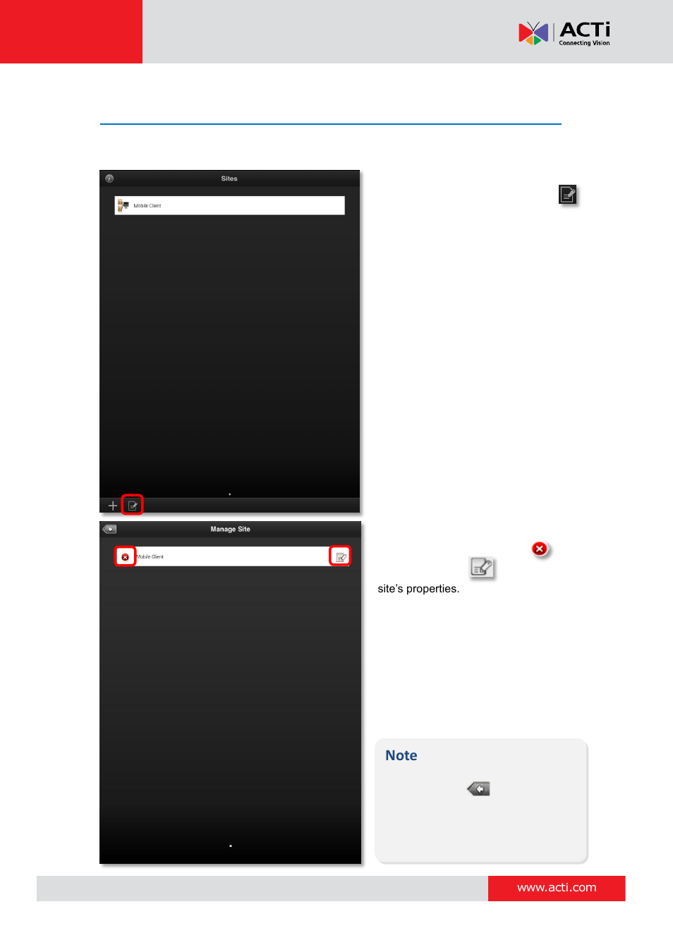 Manage sites, Enter edit mode, Delete/modify a site | ACTi Mobile Client for Android V1.0.08 User Manual | Page 10 / 31