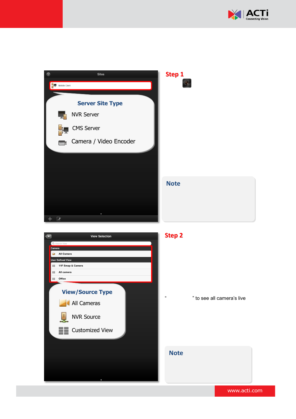 Connect a site / device | ACTi Mobile Client for Android V1.0.08 User Manual | Page 11 / 31