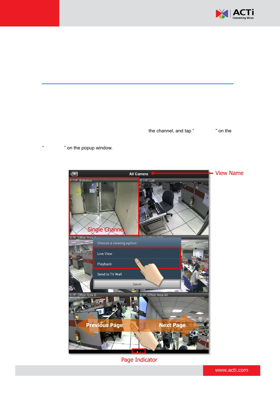 Operation instructions, View screen | ACTi Mobile Client for Android V1.0.08 User Manual | Page 12 / 31