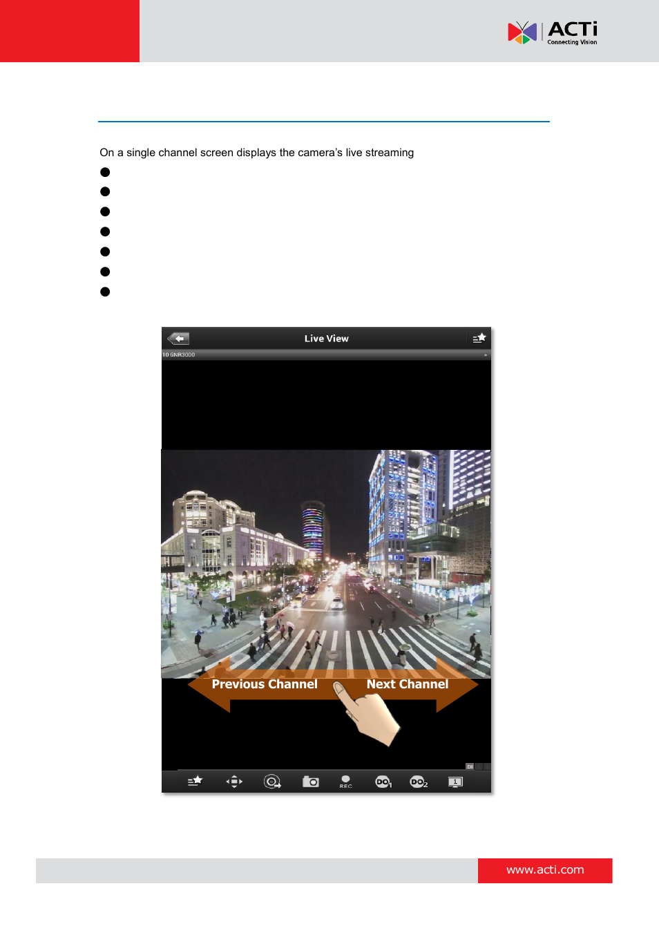 Live view single channel screen | ACTi Mobile Client for Android V1.0.08 User Manual | Page 13 / 31