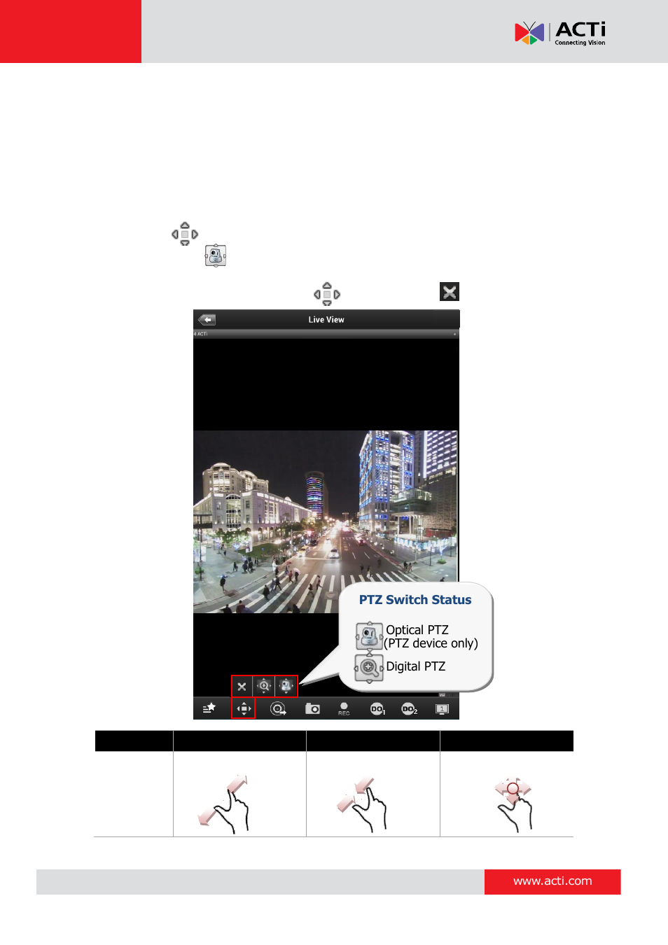 Operate ptz functions, Optical ptz, Acti mobile client for android v1.0.08 | ACTi Mobile Client for Android V1.0.08 User Manual | Page 17 / 31