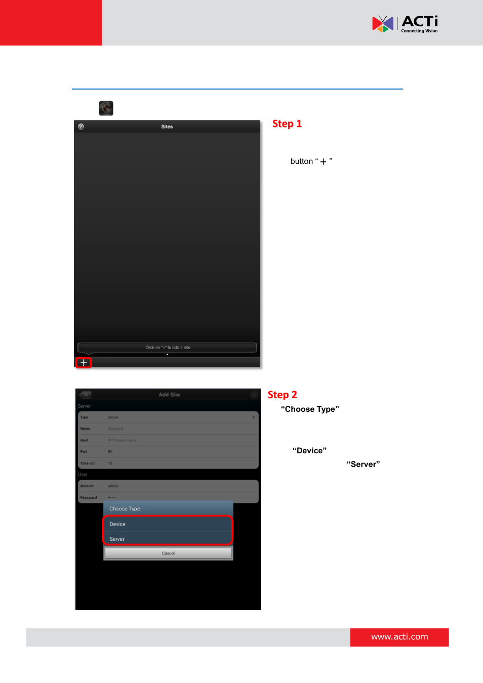 Add a server / camera | ACTi Mobile Client for Android V1.0.08 User Manual | Page 8 / 31