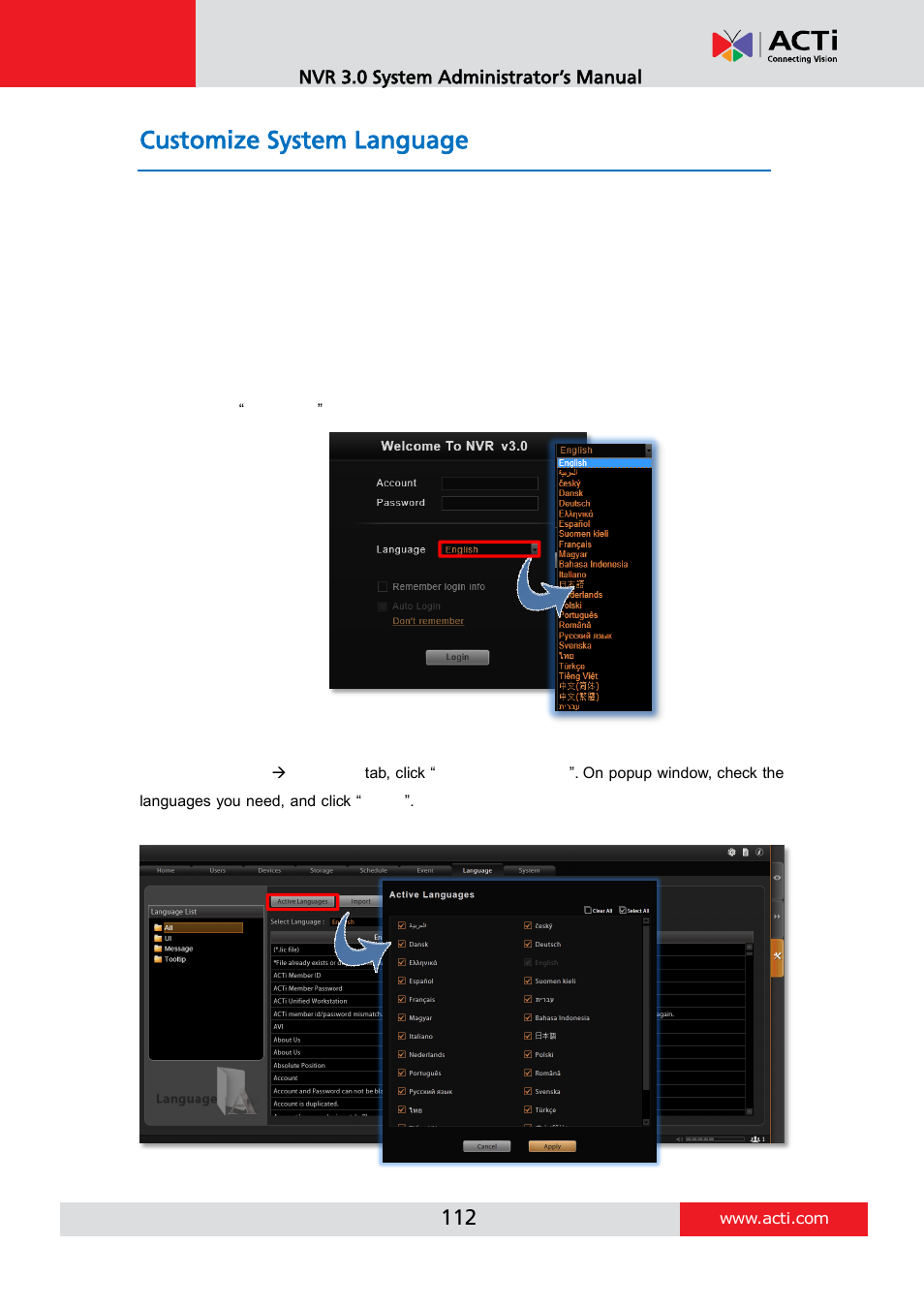 Customize system language, System languages list | ACTi NVR 3 V3.0.09 User Manual | Page 112 / 131