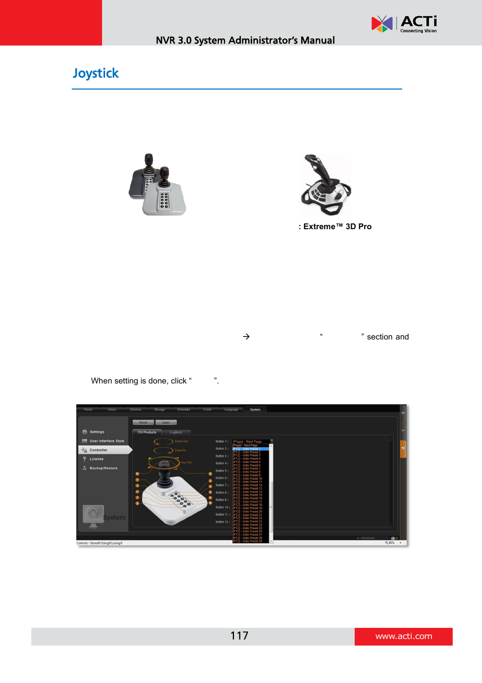 Joystick, Joystick configurations | ACTi NVR 3 V3.0.09 User Manual | Page 117 / 131
