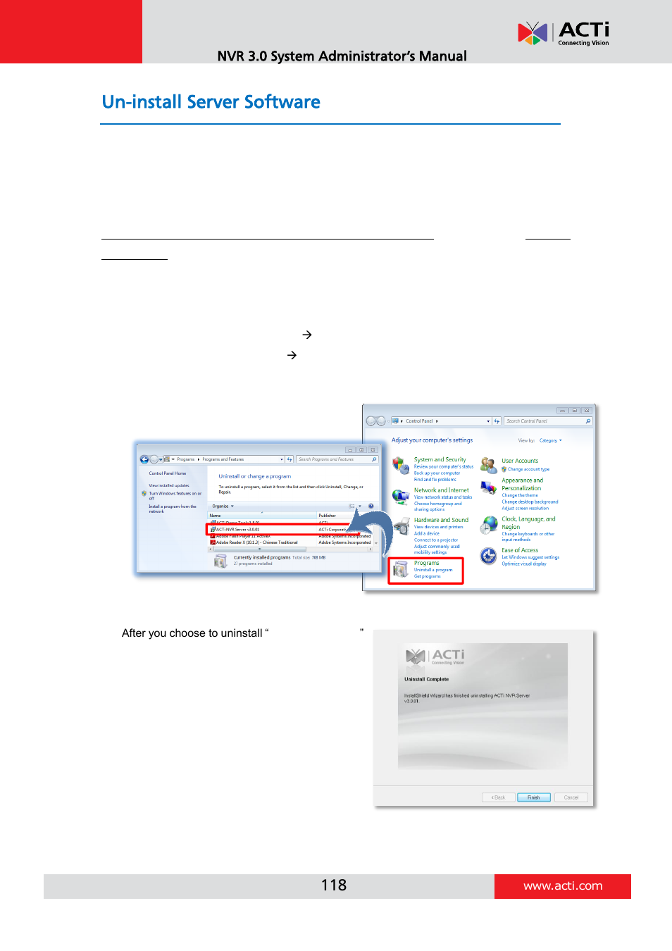 Un-install server software, Step 1: remove nvr 3.0 server program | ACTi NVR 3 V3.0.09 User Manual | Page 118 / 131