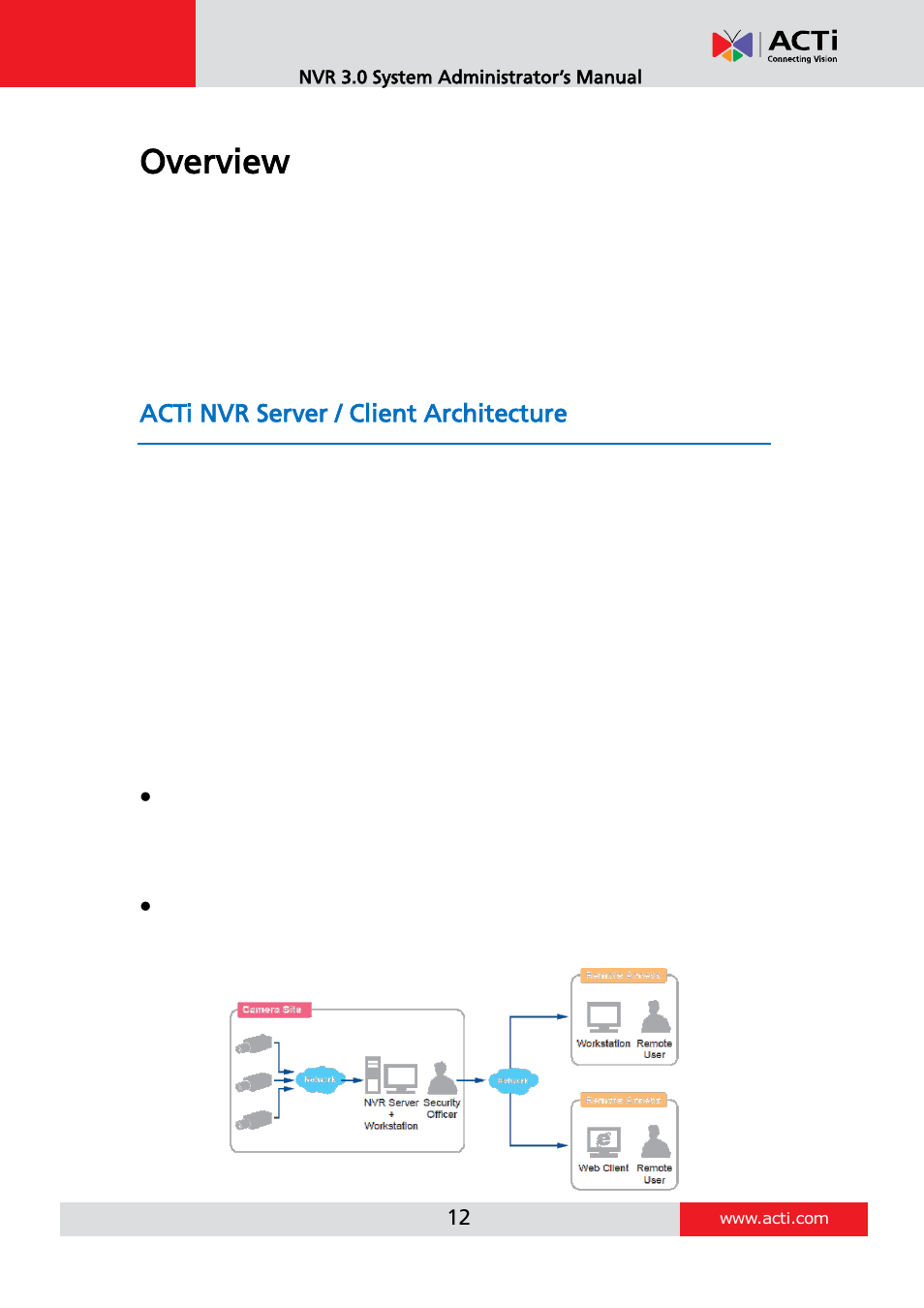 Overview, Acti nvr server / client architecture | ACTi NVR 3 V3.0.09 User Manual | Page 12 / 131