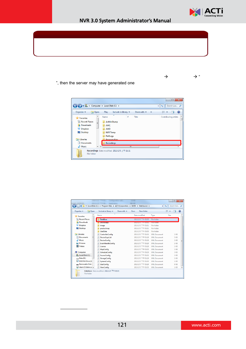Step 2: back up recording files folder (optional), Step 4: system log (optional) | ACTi NVR 3 V3.0.09 User Manual | Page 121 / 131