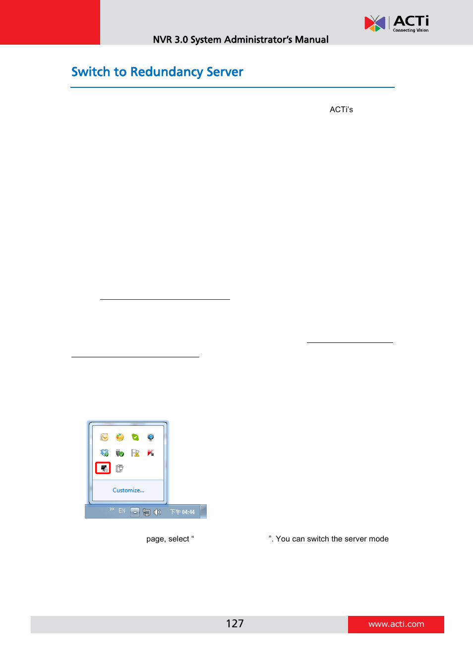 Switch to redundancy server, License registration | ACTi NVR 3 V3.0.09 User Manual | Page 127 / 131