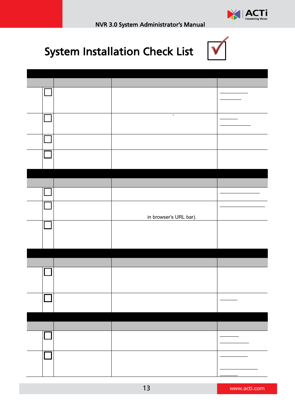 System installation check list | ACTi NVR 3 V3.0.09 User Manual | Page 13 / 131