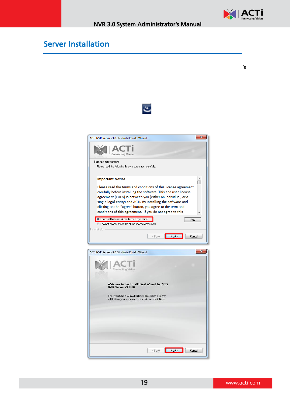 Server installation, Install the software | ACTi NVR 3 V3.0.09 User Manual | Page 19 / 131