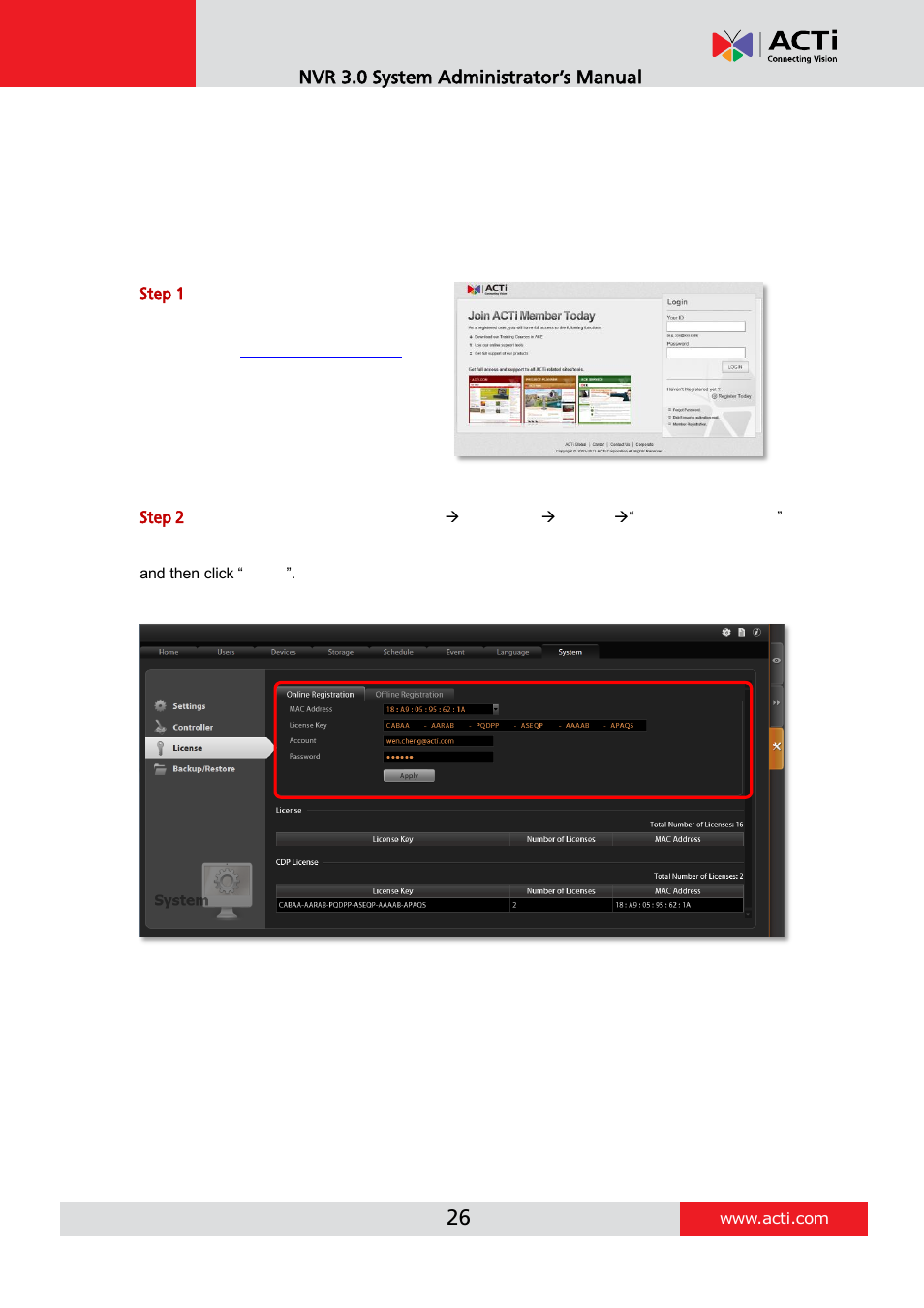 Step-by-step activation process, Online activation sop | ACTi NVR 3 V3.0.09 User Manual | Page 26 / 131