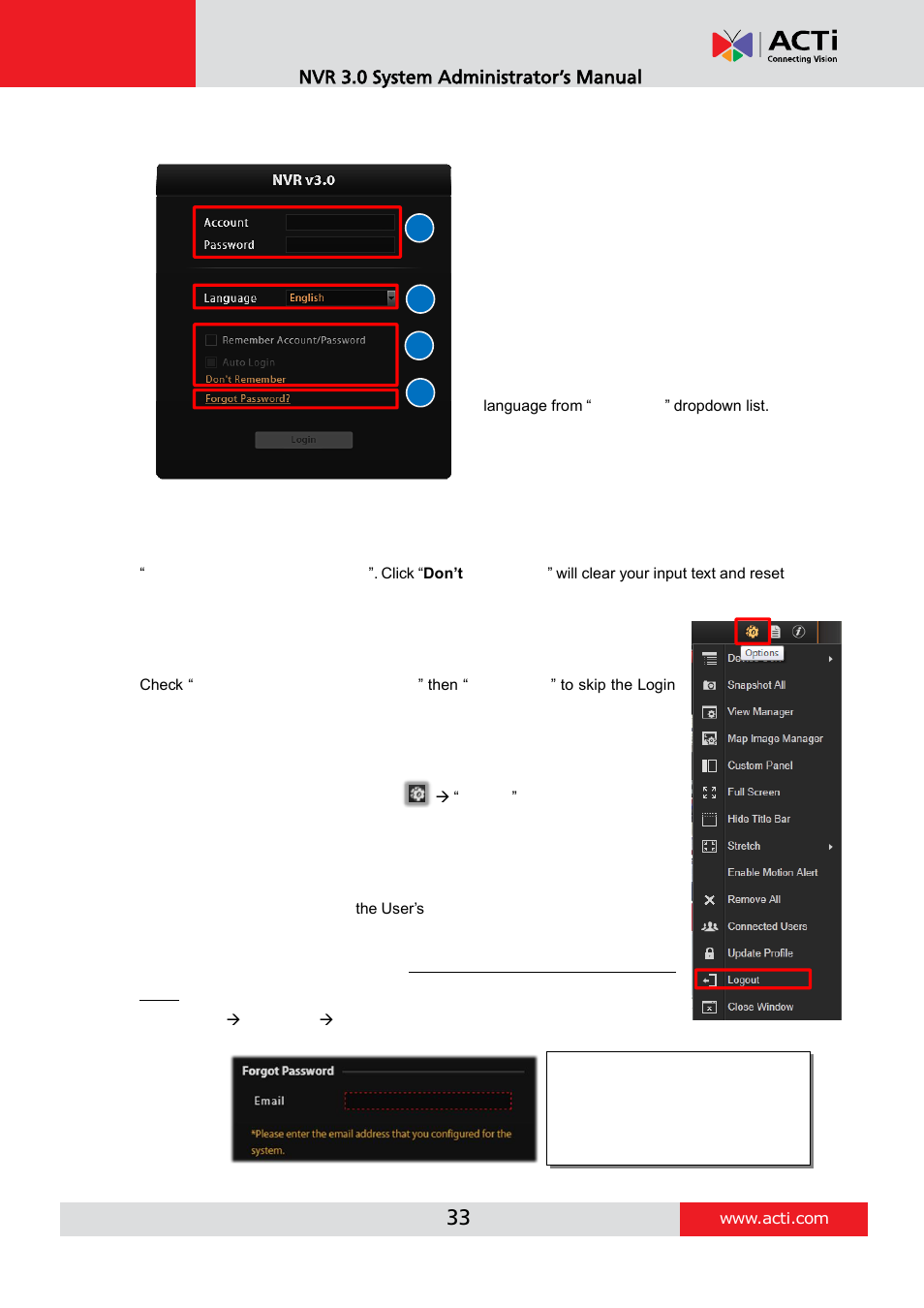 Login, A. enter account & password, B. change ui language | C. remember account/password, D. retrieve the forgotten password, Ab d c | ACTi NVR 3 V3.0.09 User Manual | Page 33 / 131