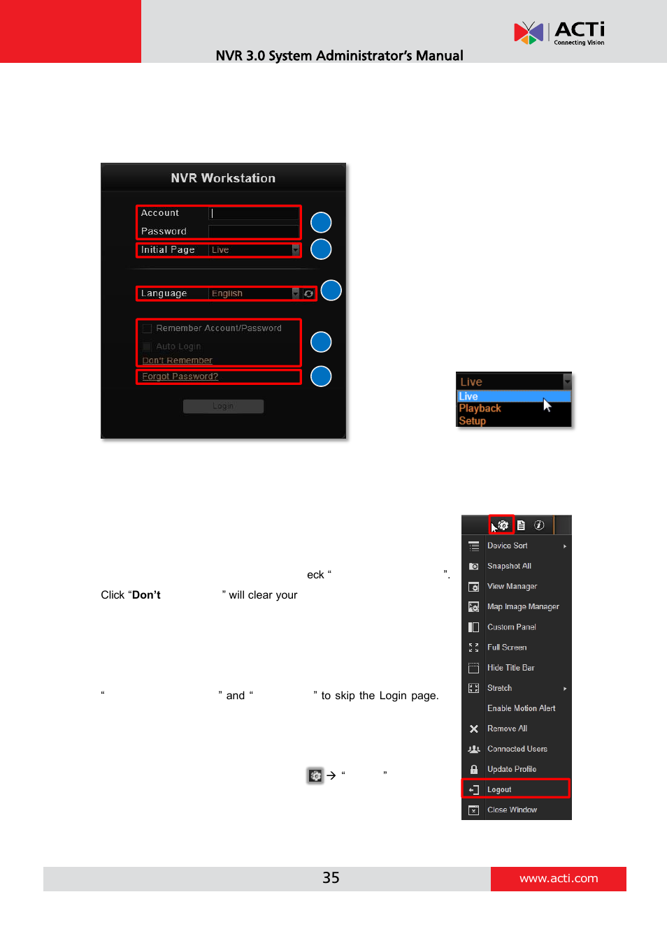 Local workstation client login, A. enter account & password, C. language | D. remember login information and auto login | ACTi NVR 3 V3.0.09 User Manual | Page 35 / 131
