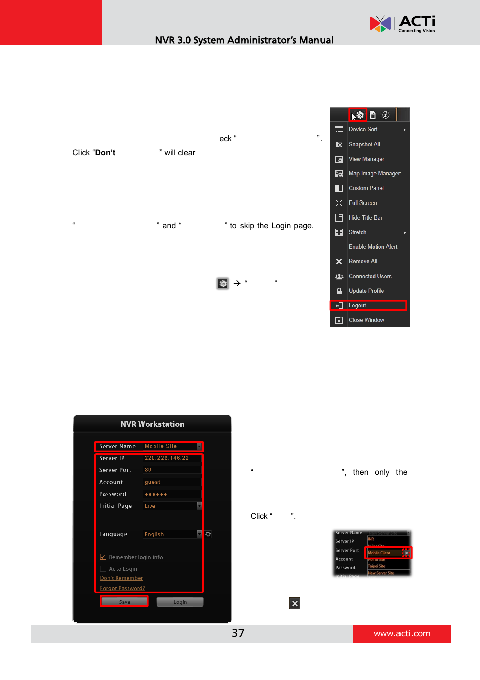 D. language, E. remember login information and auto login, F. retrieve the forgotten password | G. server name/server sites list, Nvr 3.0 system administrator’s manual | ACTi NVR 3 V3.0.09 User Manual | Page 37 / 131