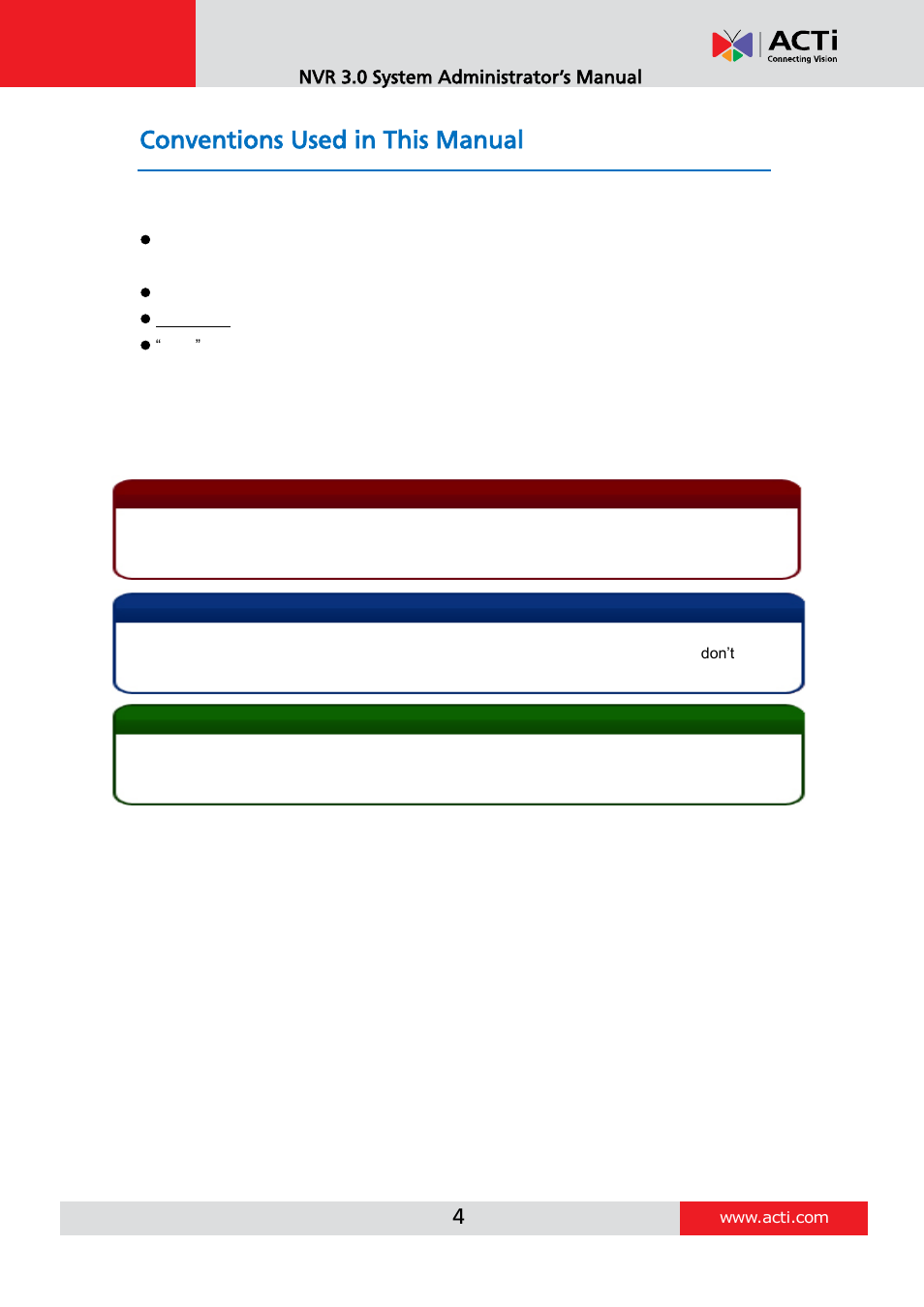 Conventions used in this manual | ACTi NVR 3 V3.0.09 User Manual | Page 4 / 131