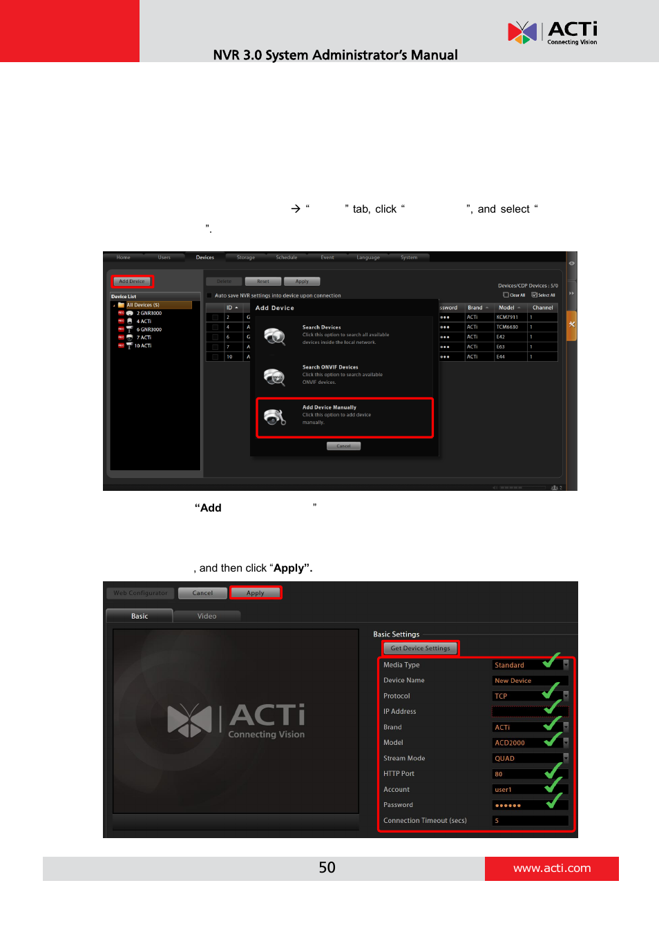 Add non-acti cameras, Nvr 3.0 system administrator’s manual | ACTi NVR 3 V3.0.09 User Manual | Page 50 / 131