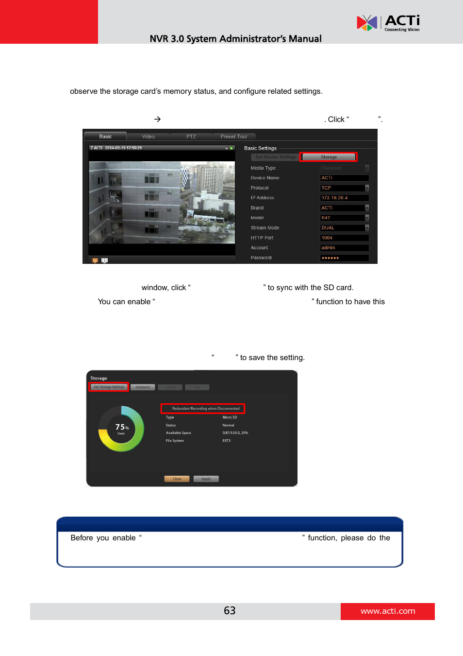 Configure storage card settings | ACTi NVR 3 V3.0.09 User Manual | Page 63 / 131