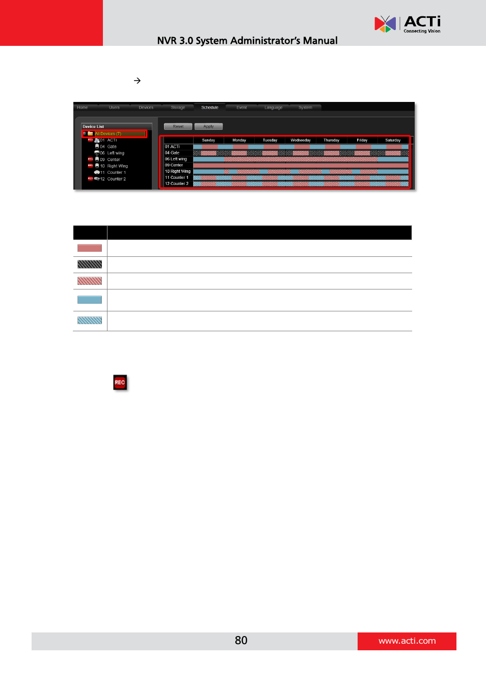 View the entire recording schedule | ACTi NVR 3 V3.0.09 User Manual | Page 80 / 131