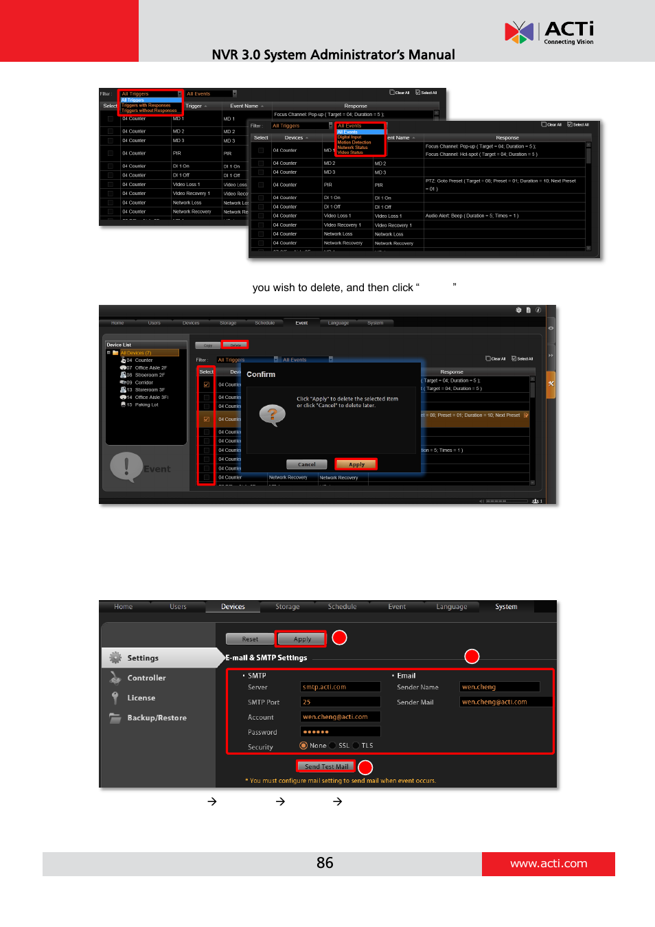 Delete the event rules, How to setup smtp settings for event rules, To how to setup smtp settings for event rules | ACTi NVR 3 V3.0.09 User Manual | Page 86 / 131