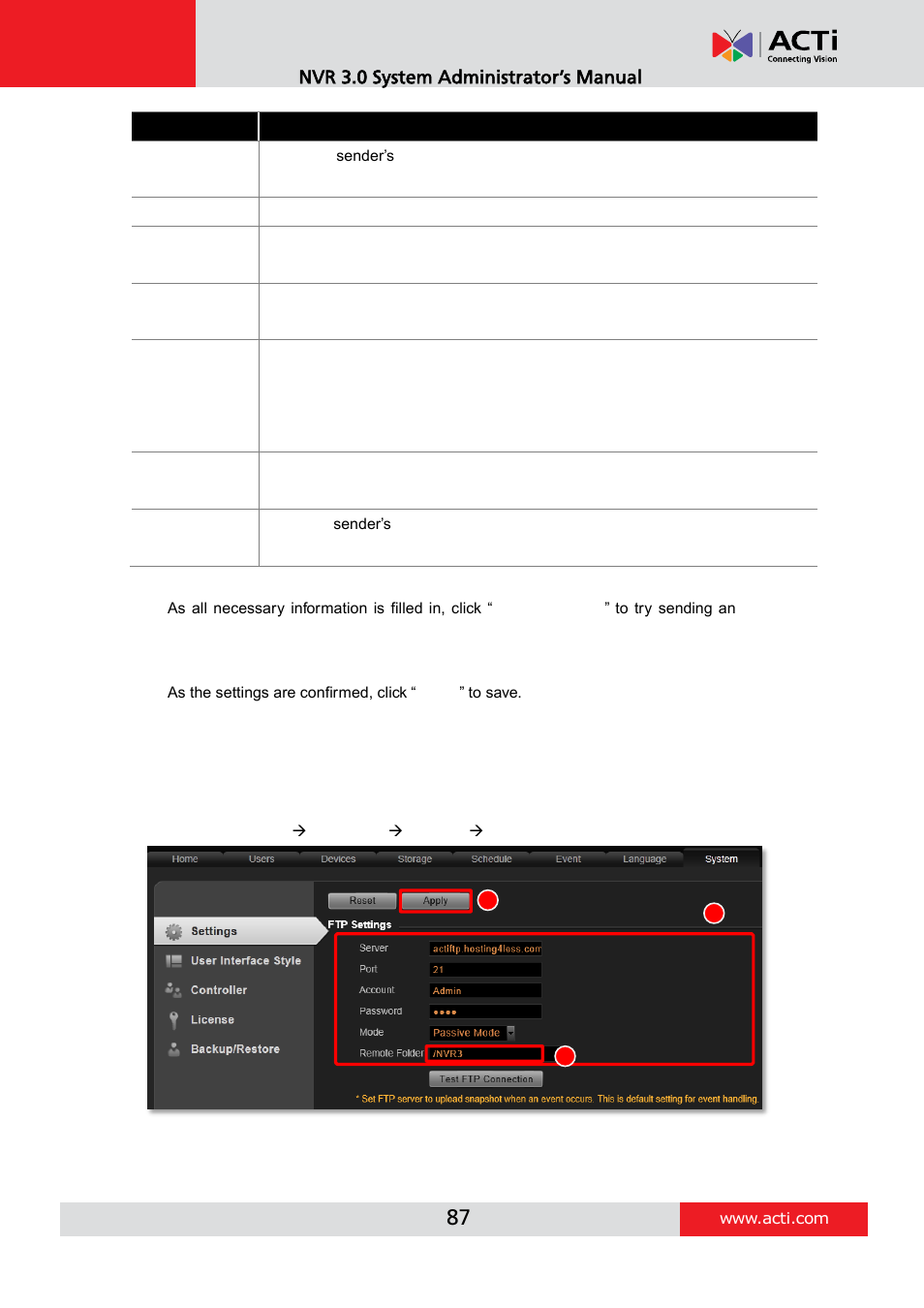 How to setup ftp settings for event rules | ACTi NVR 3 V3.0.09 User Manual | Page 87 / 131