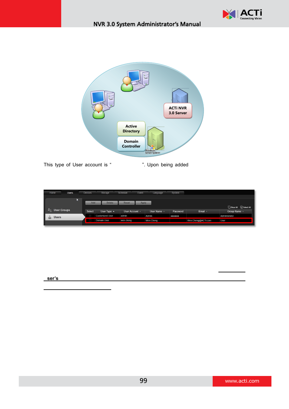 Domain users management, Nvr 3.0 system administrator’s manual | ACTi NVR 3 V3.0.09 User Manual | Page 99 / 131