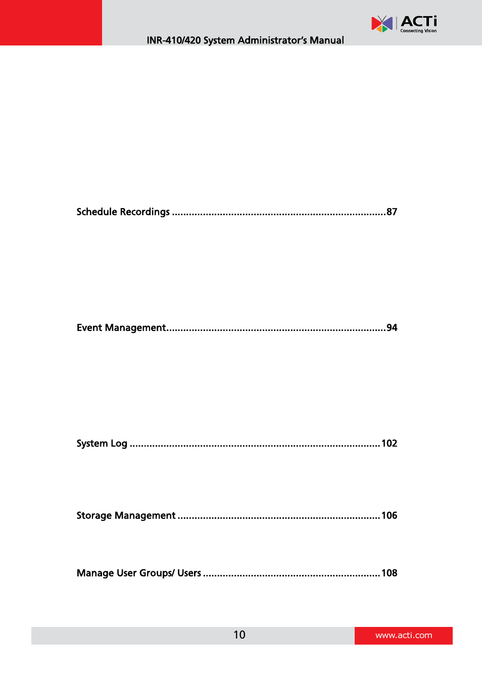 ACTi INR-410 INR-420 V3.0.09 User Manual | Page 10 / 148