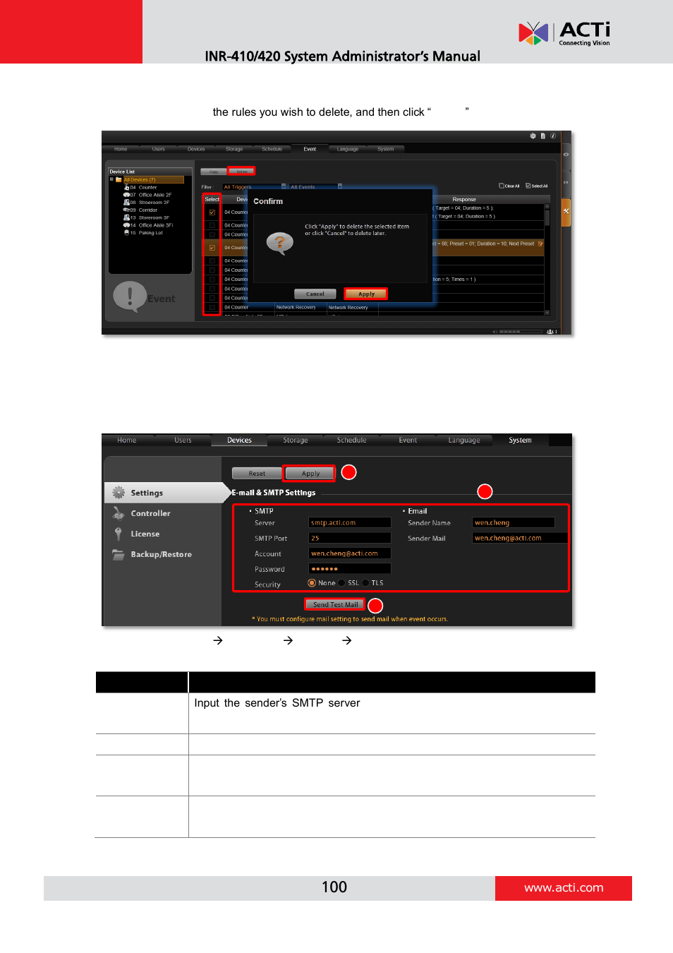 Delete the event rules, How to setup smtp settings for event rules, To how to setup smtp settings for event rules | ACTi INR-410 INR-420 V3.0.09 User Manual | Page 100 / 148