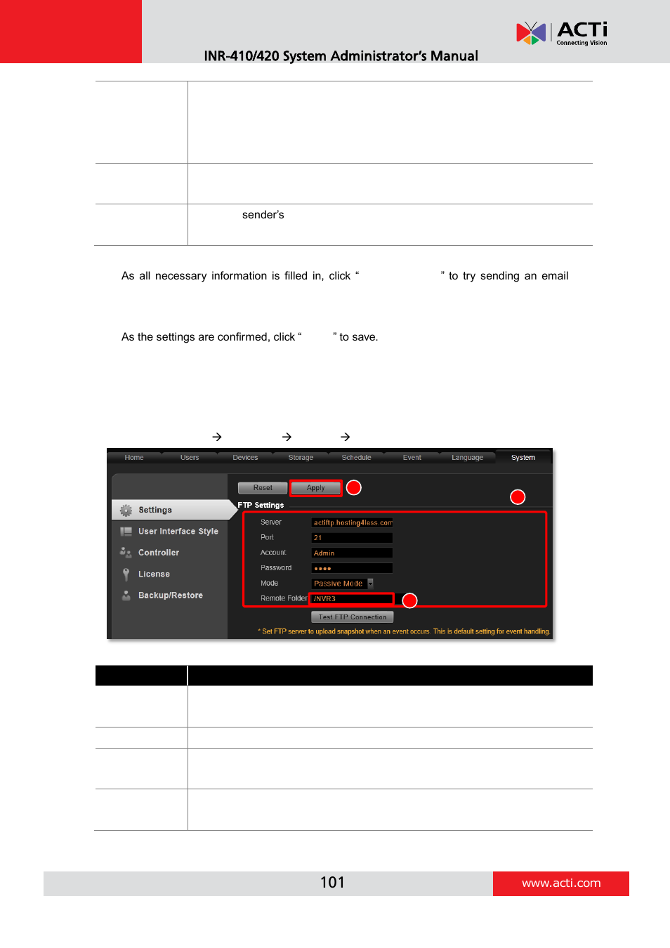 How to setup ftp settings for event rules, D how to setup ftp settings for event rules, E 101 | ACTi INR-410 INR-420 V3.0.09 User Manual | Page 101 / 148