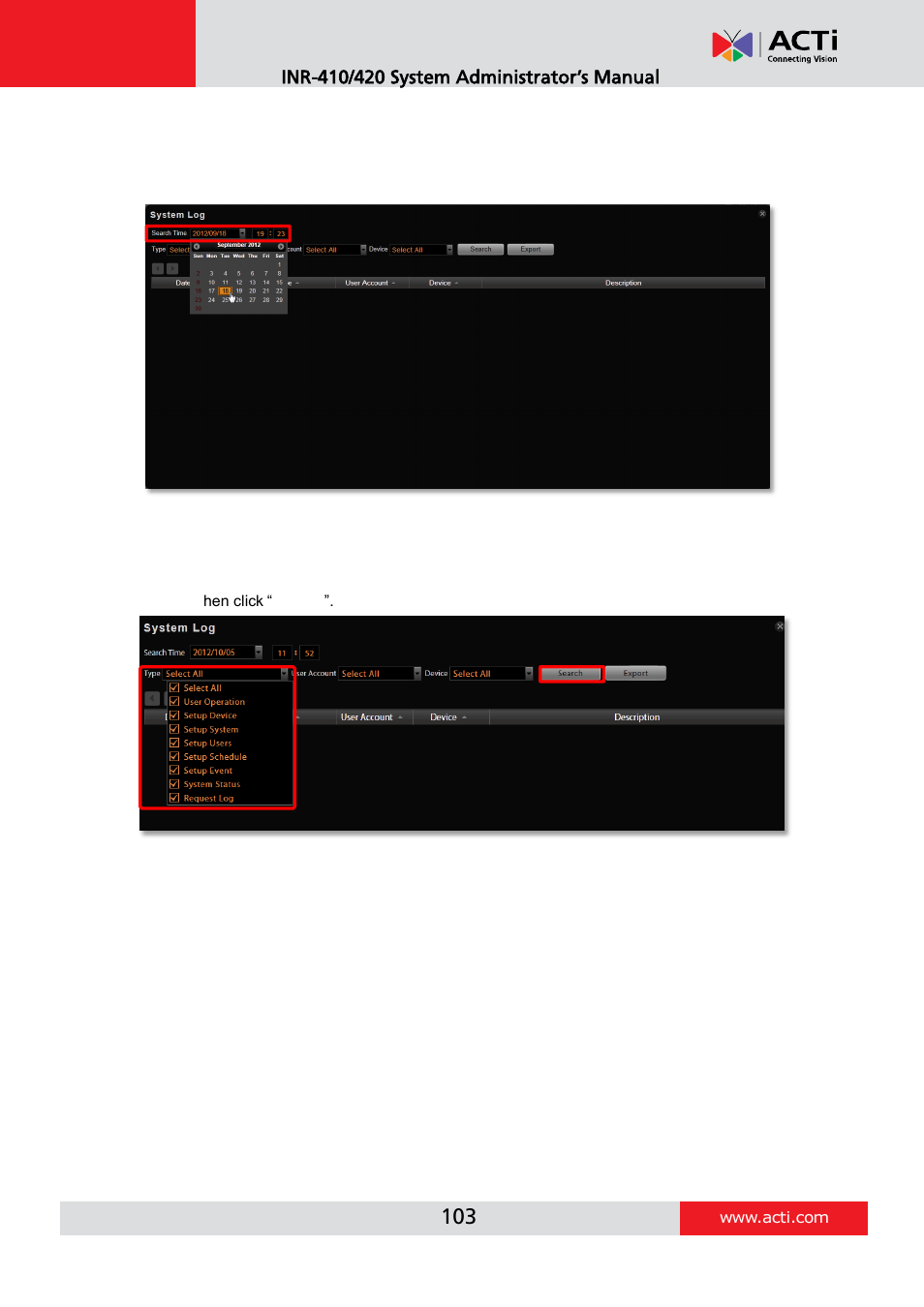 Define search time, Choose log type | ACTi INR-410 INR-420 V3.0.09 User Manual | Page 103 / 148
