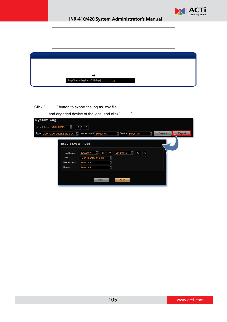 Export the log | ACTi INR-410 INR-420 V3.0.09 User Manual | Page 105 / 148