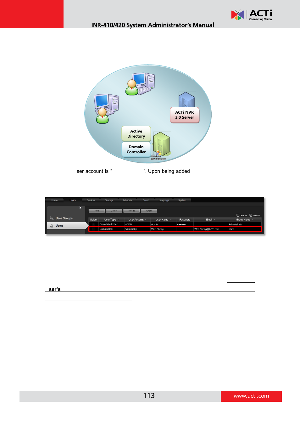 Domain users management | ACTi INR-410 INR-420 V3.0.09 User Manual | Page 113 / 148