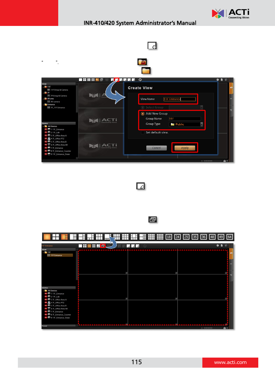 Step 1: create a new view, Step 2: enter edit mode, Step 3: select a layout | ACTi INR-410 INR-420 V3.0.09 User Manual | Page 115 / 148