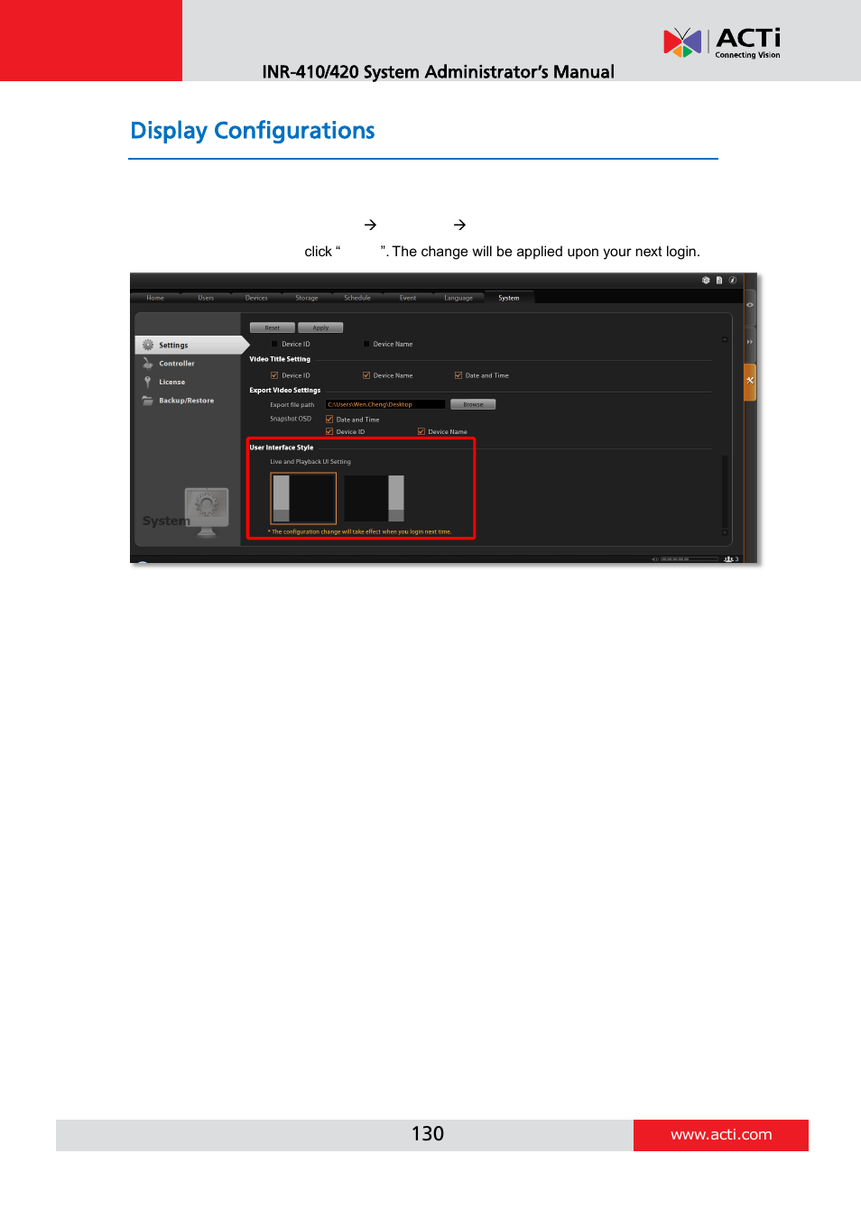 Display configurations | ACTi INR-410 INR-420 V3.0.09 User Manual | Page 130 / 148