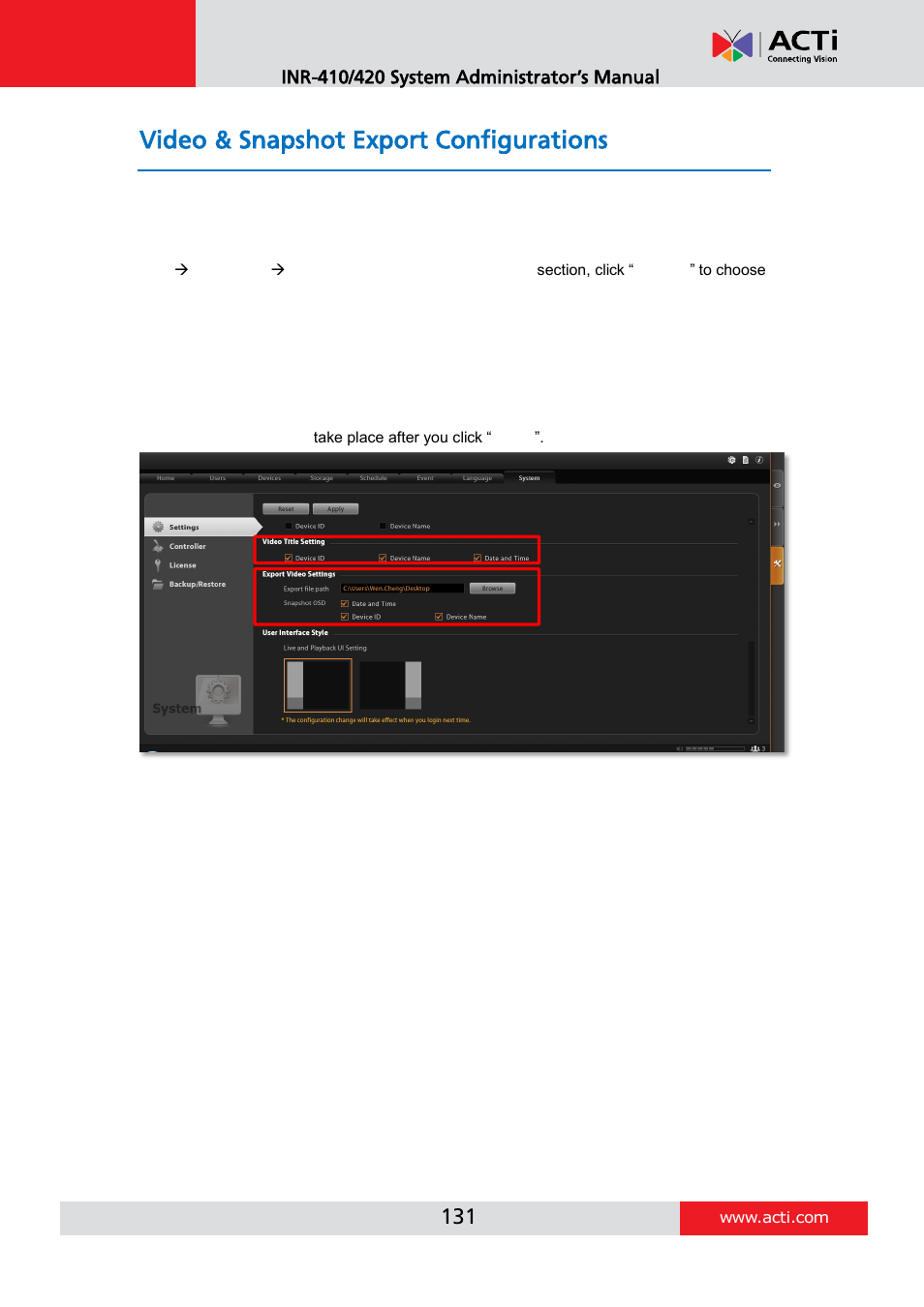 Video & snapshot export configurations | ACTi INR-410 INR-420 V3.0.09 User Manual | Page 131 / 148