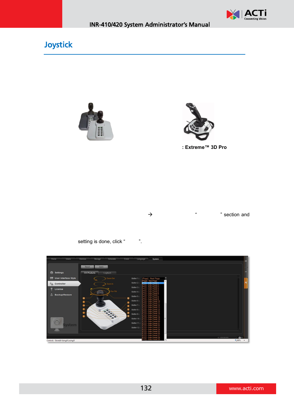 Joystick, Joystick configurations | ACTi INR-410 INR-420 V3.0.09 User Manual | Page 132 / 148