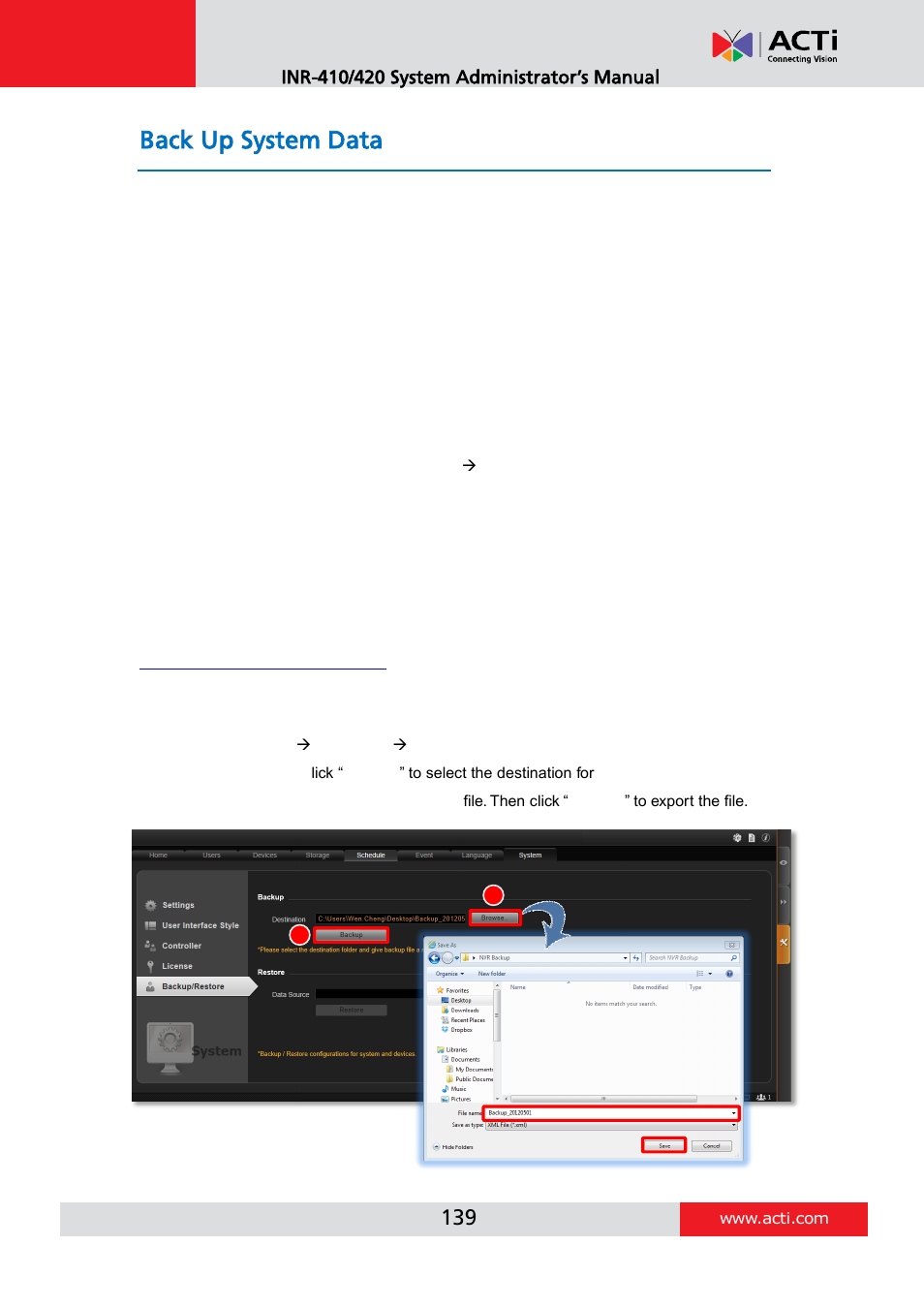 Back up system data, Step 1: back up system settings | ACTi INR-410 INR-420 V3.0.09 User Manual | Page 139 / 148