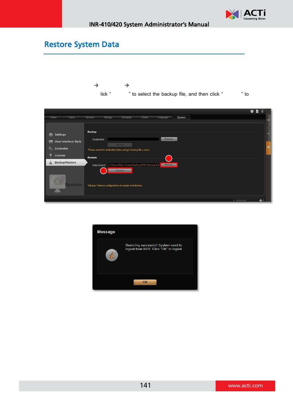 Restore system data | ACTi INR-410 INR-420 V3.0.09 User Manual | Page 141 / 148
