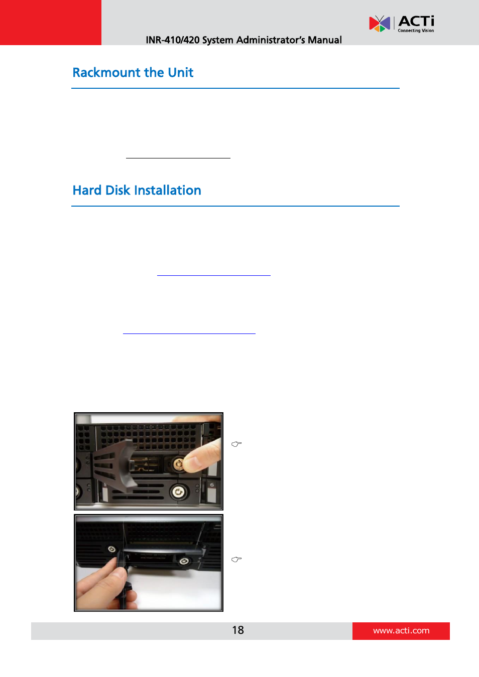 Rackmount the unit, Hard disk installation, Step 1: remove the tray | ACTi INR-410 INR-420 V3.0.09 User Manual | Page 18 / 148