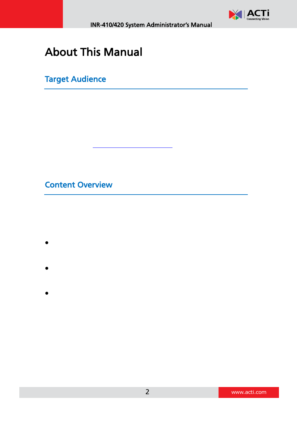 About this manual, Target audience, Content overview | ACTi INR-410 INR-420 V3.0.09 User Manual | Page 2 / 148