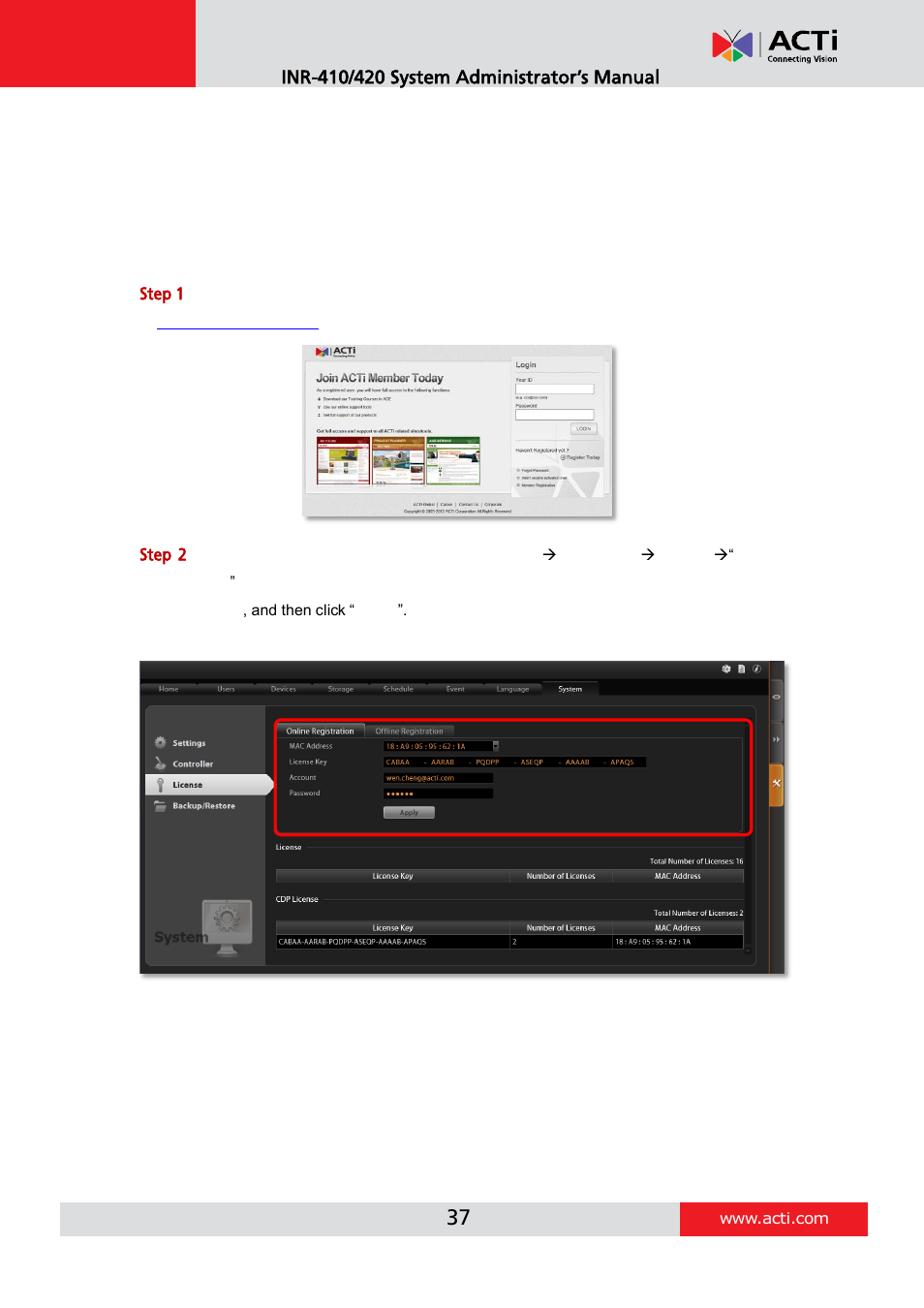 Step-by-step activation process, Online activation sop | ACTi INR-410 INR-420 V3.0.09 User Manual | Page 37 / 148
