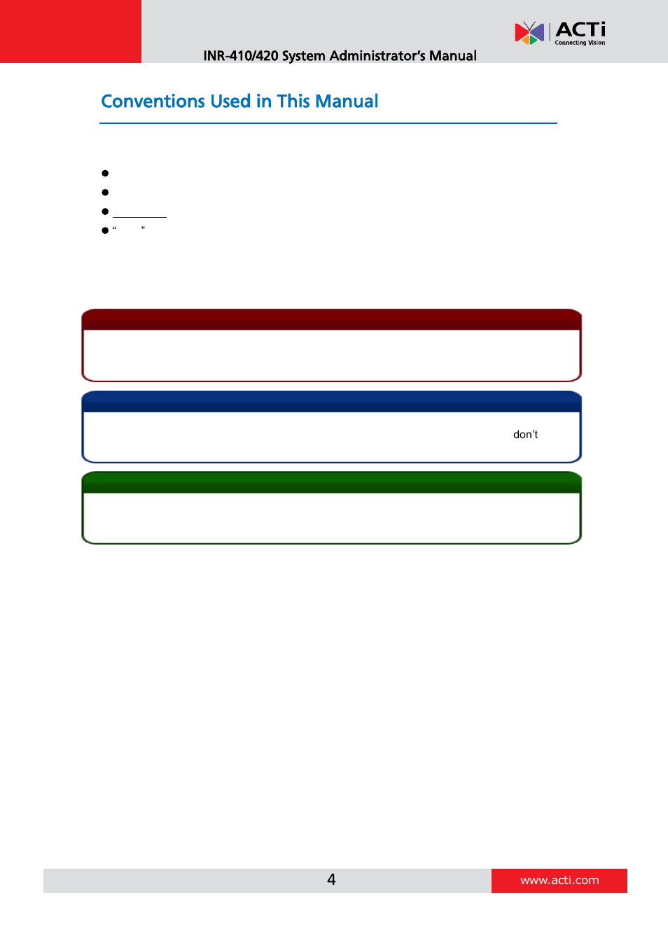 Conventions used in this manual | ACTi INR-410 INR-420 V3.0.09 User Manual | Page 4 / 148