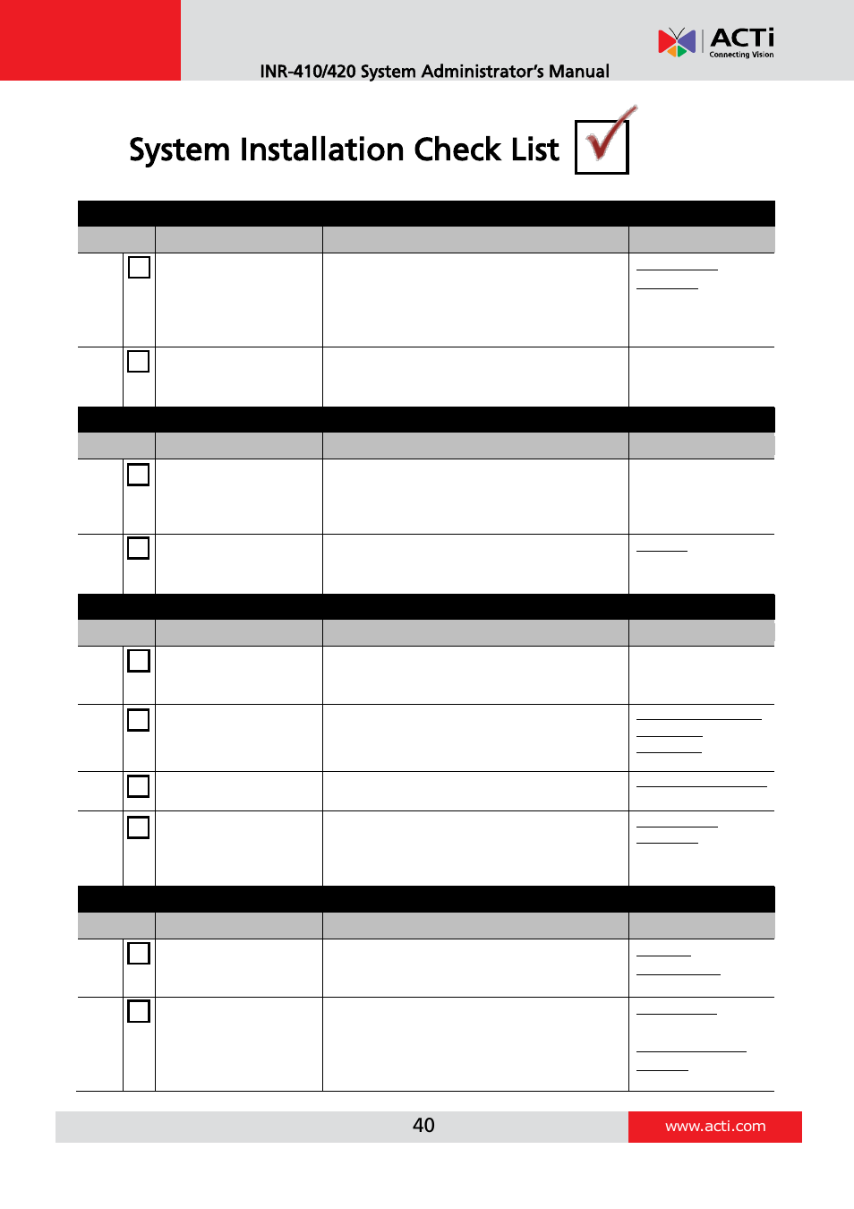 System installation check list | ACTi INR-410 INR-420 V3.0.09 User Manual | Page 40 / 148