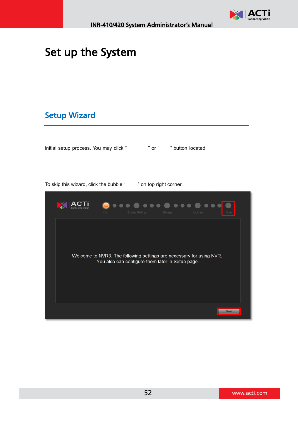 Set up the system, Setup wizard | ACTi INR-410 INR-420 V3.0.09 User Manual | Page 52 / 148