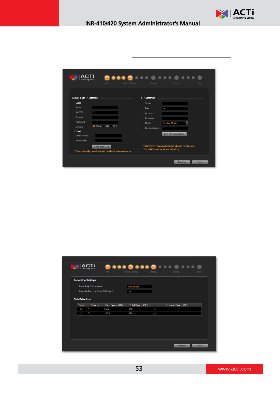 System settings, Storage | ACTi INR-410 INR-420 V3.0.09 User Manual | Page 53 / 148