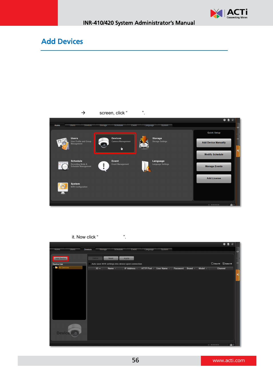 Add devices, Device list | ACTi INR-410 INR-420 V3.0.09 User Manual | Page 56 / 148