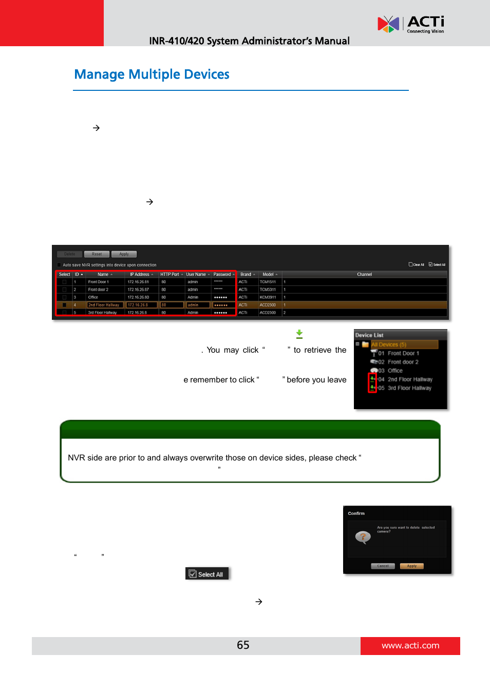 Manage multiple devices, Modify basic connection settings, Delete devices | ACTi INR-410 INR-420 V3.0.09 User Manual | Page 65 / 148