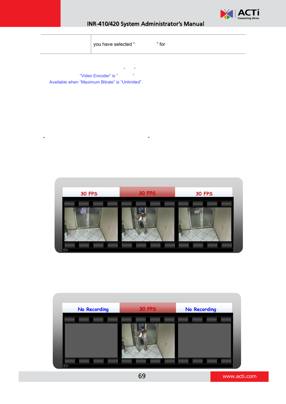 Save storage by setting event recording frame rate, Schedule recording, Event recording | ACTi INR-410 INR-420 V3.0.09 User Manual | Page 69 / 148