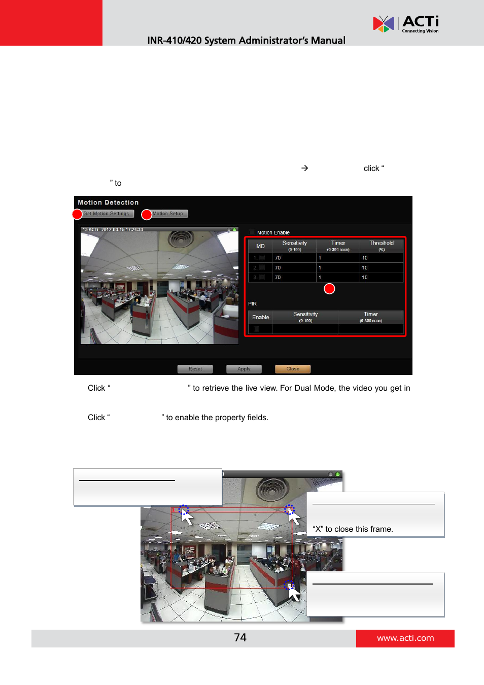 Configure motion settings | ACTi INR-410 INR-420 V3.0.09 User Manual | Page 74 / 148