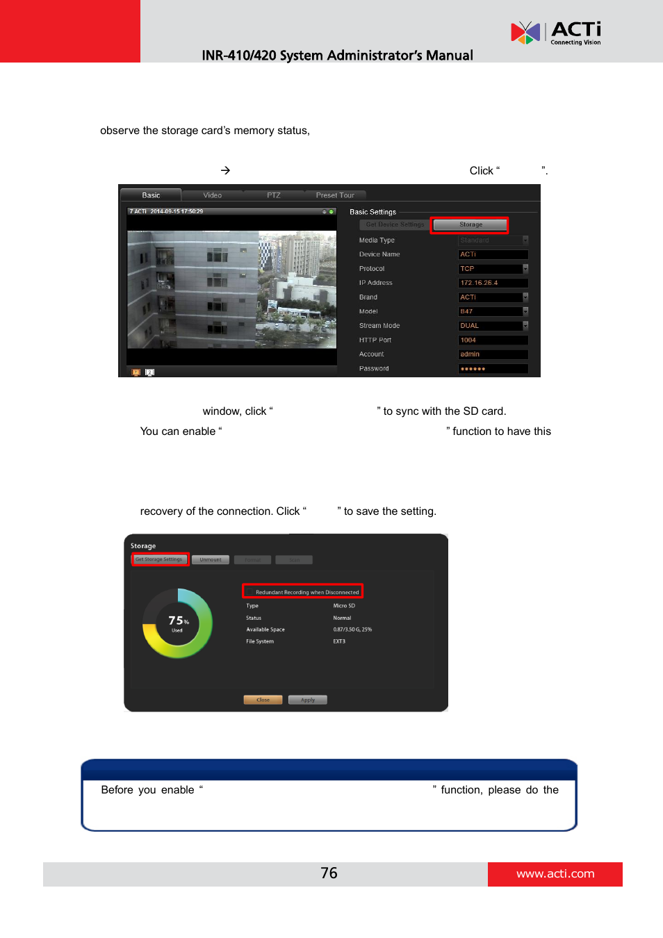 Configure storage card settings | ACTi INR-410 INR-420 V3.0.09 User Manual | Page 76 / 148